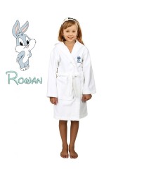 Grey Rabbit Cartoon Design & Custom Name Embroidery on Kids Hooded Bathrobe